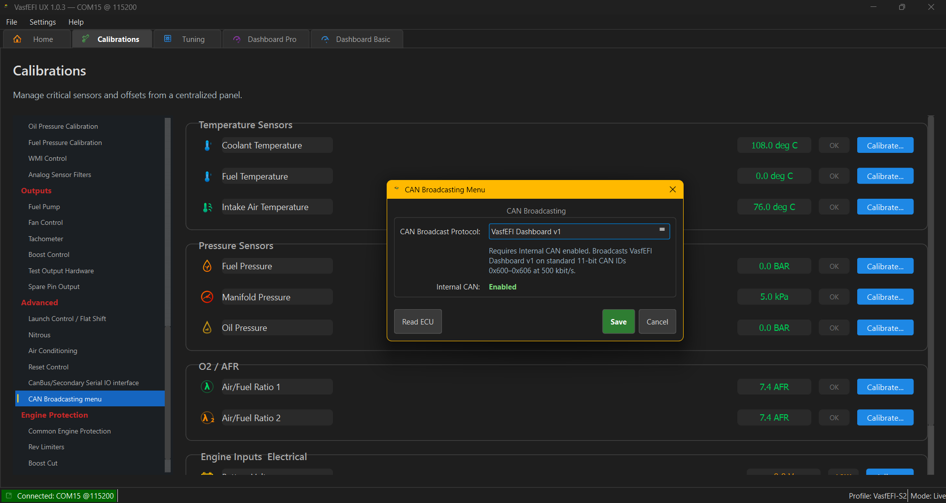 VasfEFI UX CAN Broadcasting configuration for RealDash