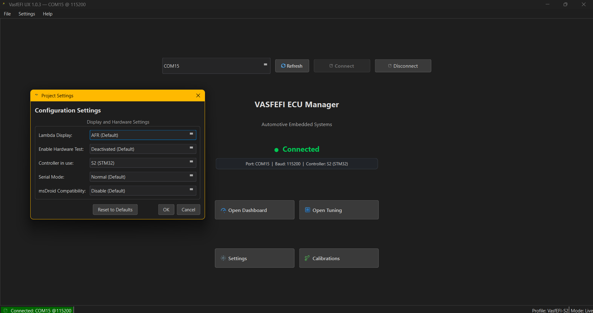 VasfEFI UX project settings for S1 and S2 controller selection